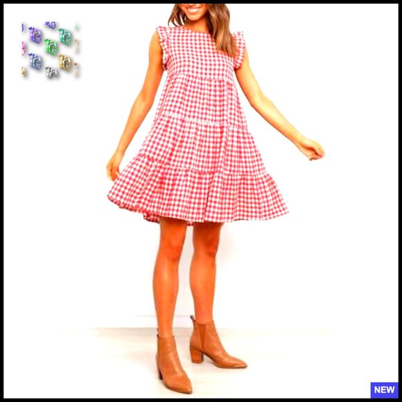Ruffle Puff Sleeve Babydoll Dress Gingham Plaid Tiered Midi Casual Chic - Picture 5 of 6
